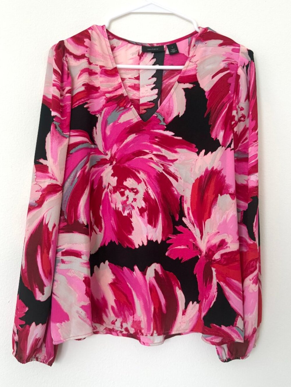 Halogen Pink Floral V-Neck Balloon Sleeve Blouse Size S